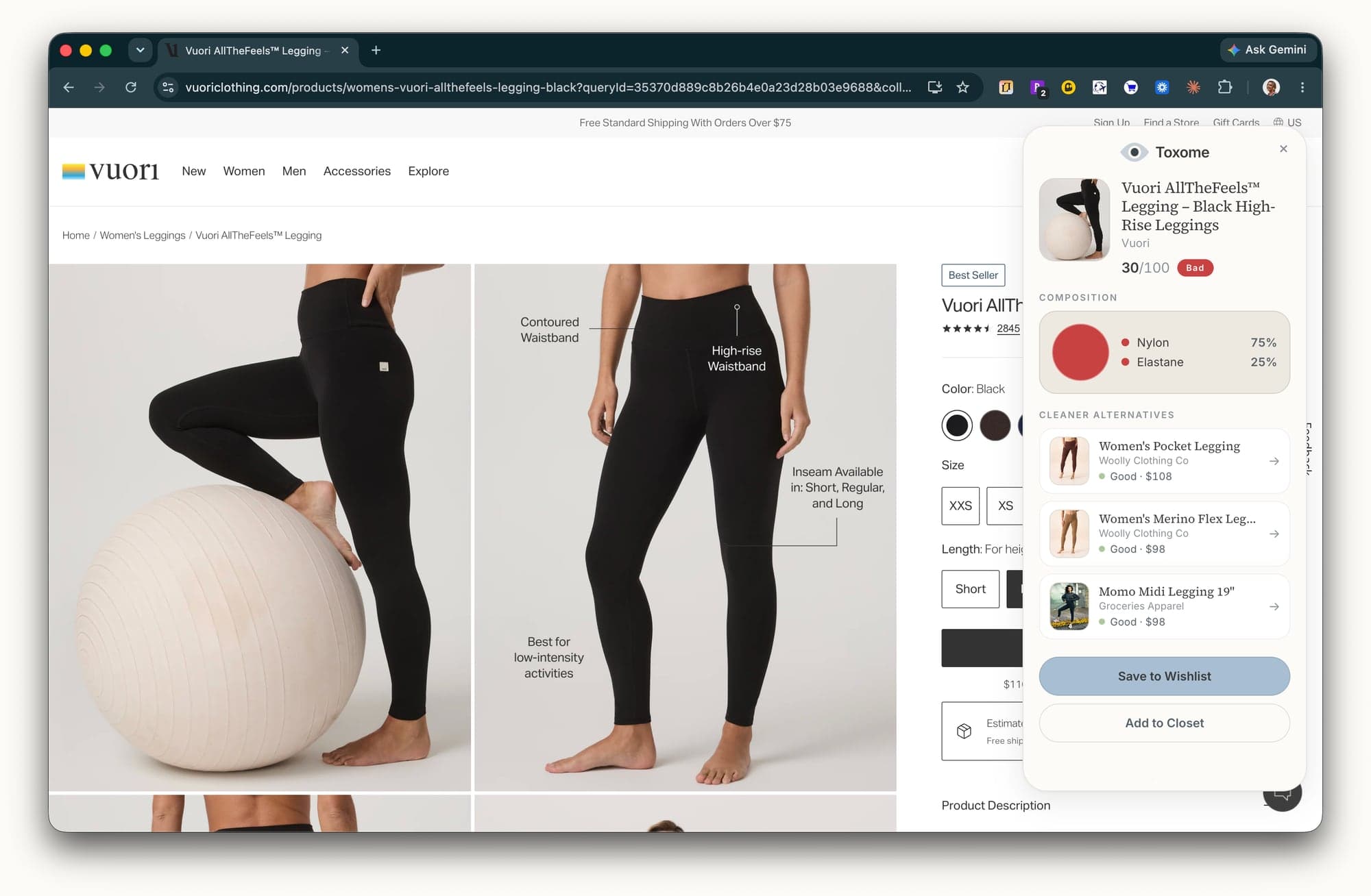 A browser window on the Vuori AllTheFeels legging product page with the Toxome extension panel open, showing a 30 out of 100 'Bad' health rating, a composition of 75% nylon and 25% elastane, and three cleaner alternative leggings from Woolly Clothing Co and Groceries Apparel, each rated Good.