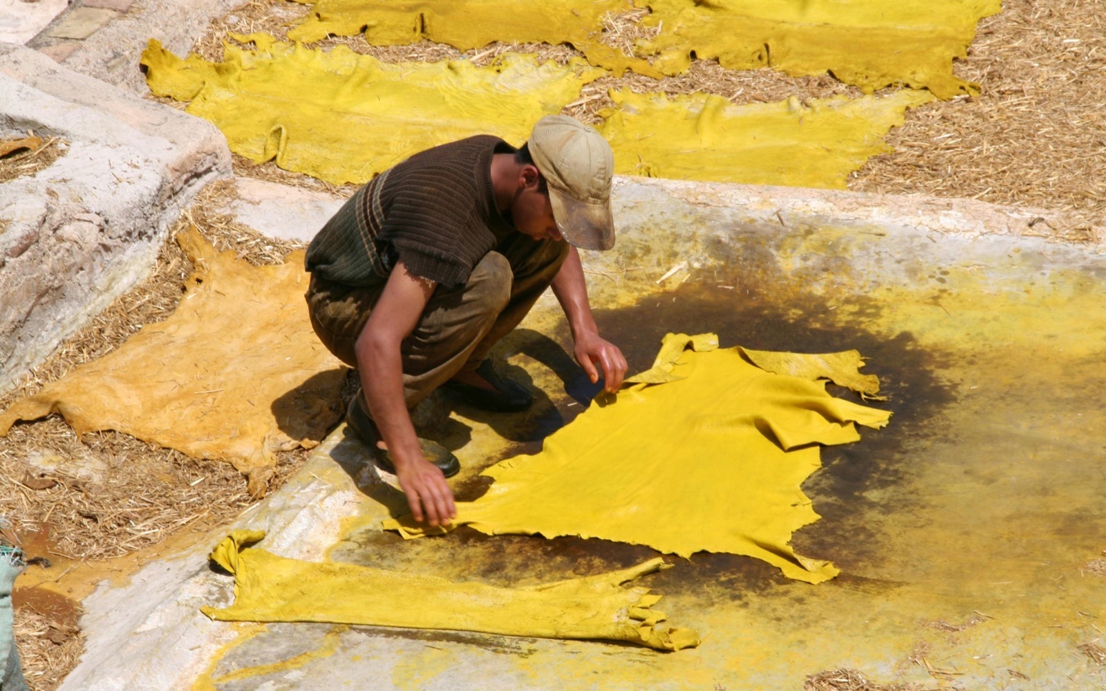 A worker smoothing a dyed hide out to dry at an open-air tannery