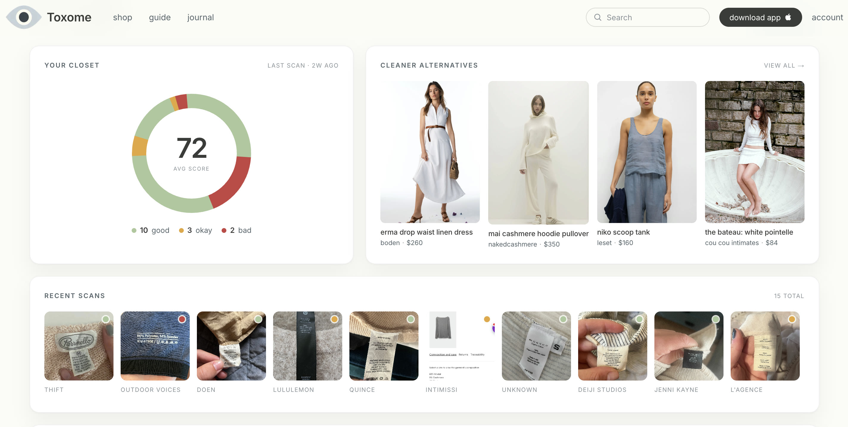 The Toxome account dashboard: a closet score of 72 across scanned items, with cleaner alternatives and a row of recent scans.