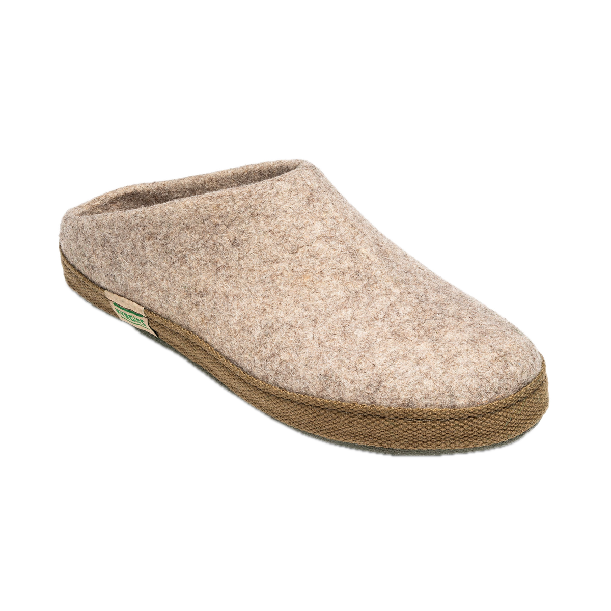 An oatmeal handfelted wool indoor slide with a woven jute-look midsole.