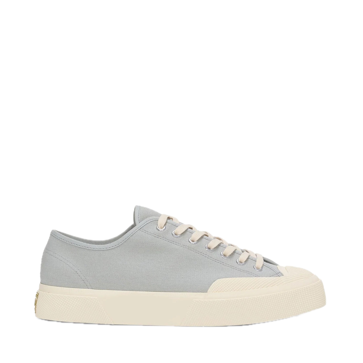 A dusty grey cotton canvas low-top sneaker with off-white laces and a cream rubber sole.